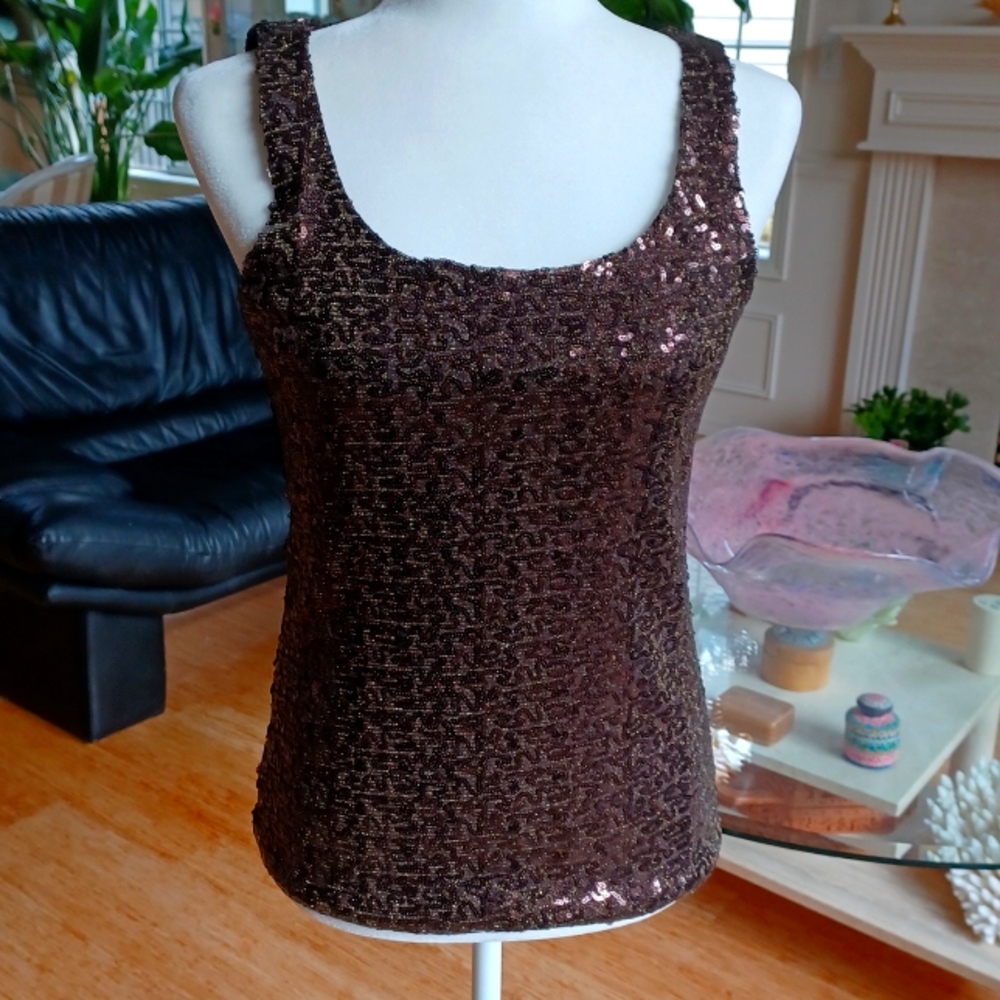 ANNE KLEIN Chocolate Brown Sequin Tank top size XS